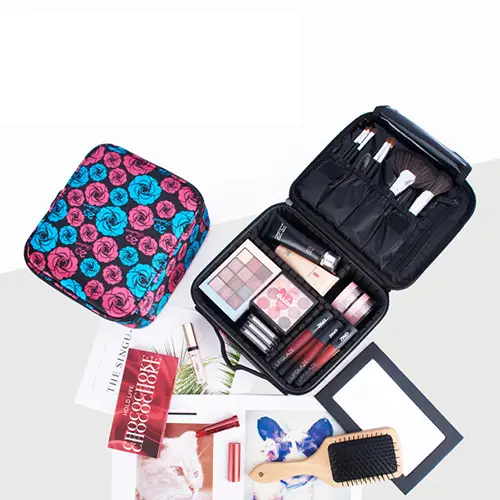 Polyester Printing Rose Lipstick And Brush Compartment Designer Vanity Case